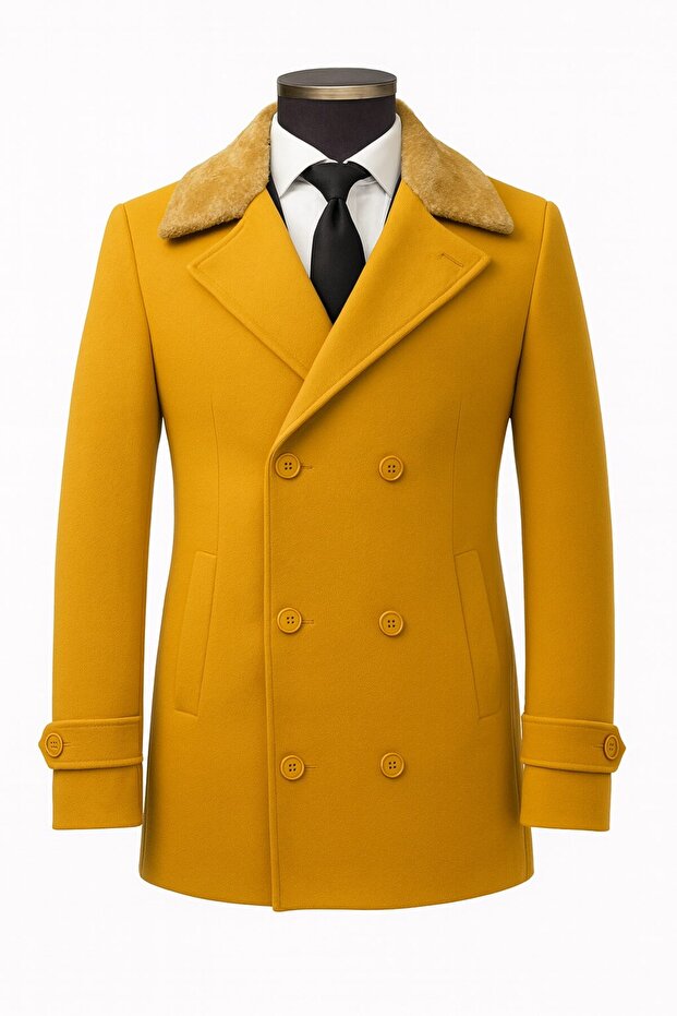 Men's Fur Collar Cashmere Coat – Slim Fit Double Breasted Winter Coat