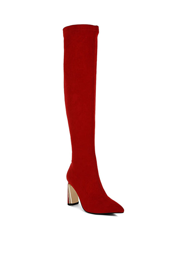 Women Slim Block Heel Long Boots in Red