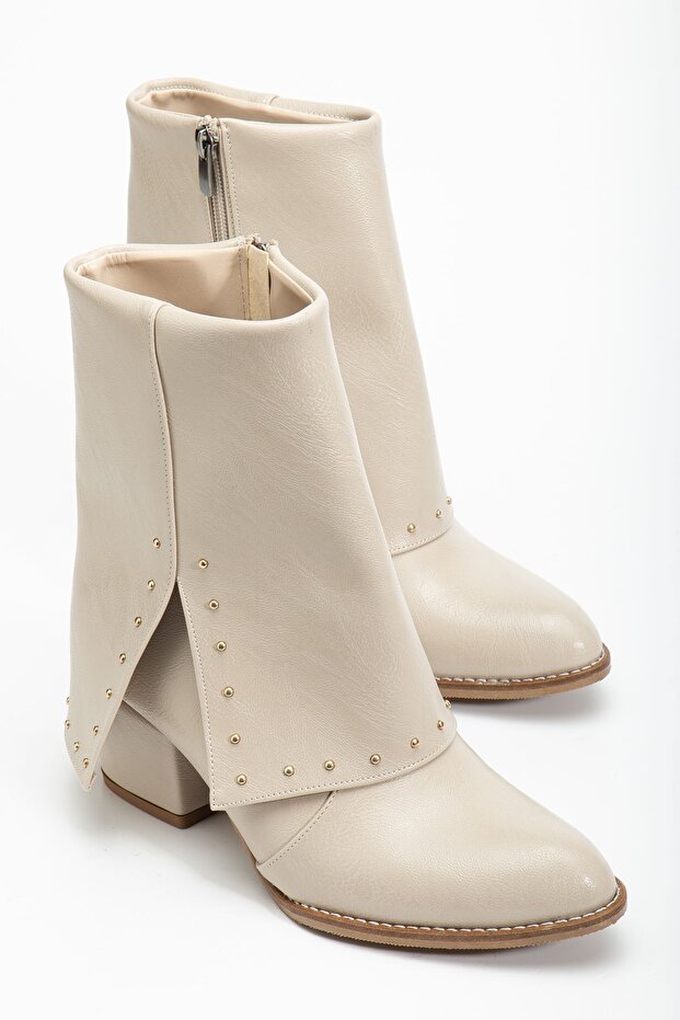 Women's Pointed Toe Beige Leather Detailed Heeled Boots