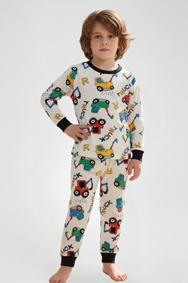 Colorful Tractor Patterned Boys' Pajama Set - Cotton Interlock Fabric