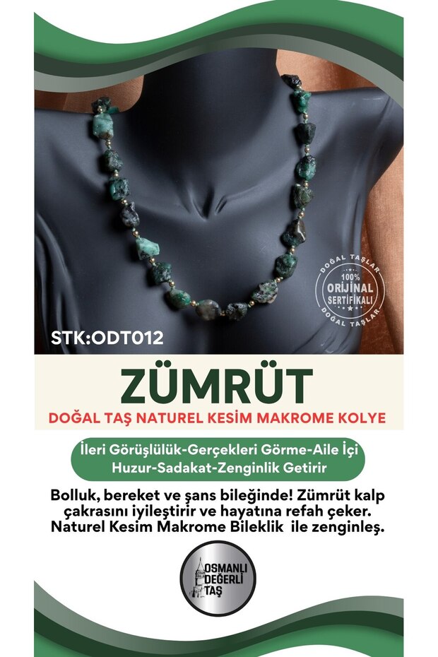 Certified Natural Stone Emerald Natural Cut Macrame Necklace Odt012