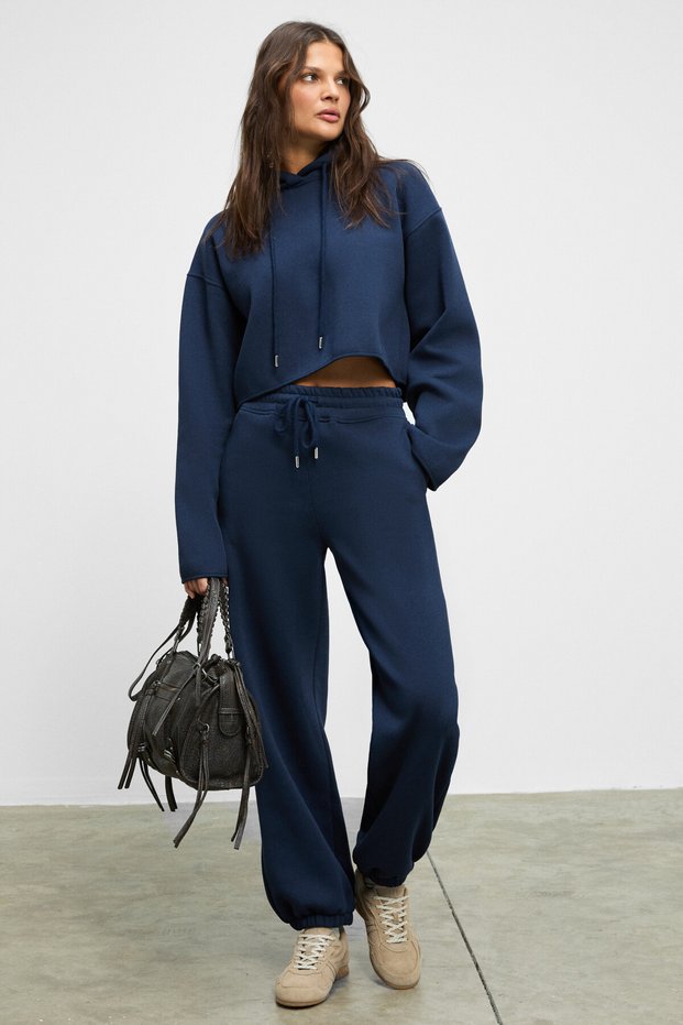 Ayatre Women's Organic Cotton Fleece Lined K Hooded Regular Elastic Waist Navy Blue Top and Bottom Set
