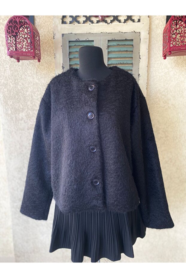 Atlı Detaylı Kaşe Kaban Siyah - 5