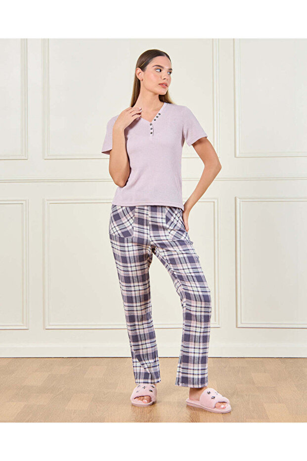 Women Lilac Checkered Pyjama Set (2 Piece)