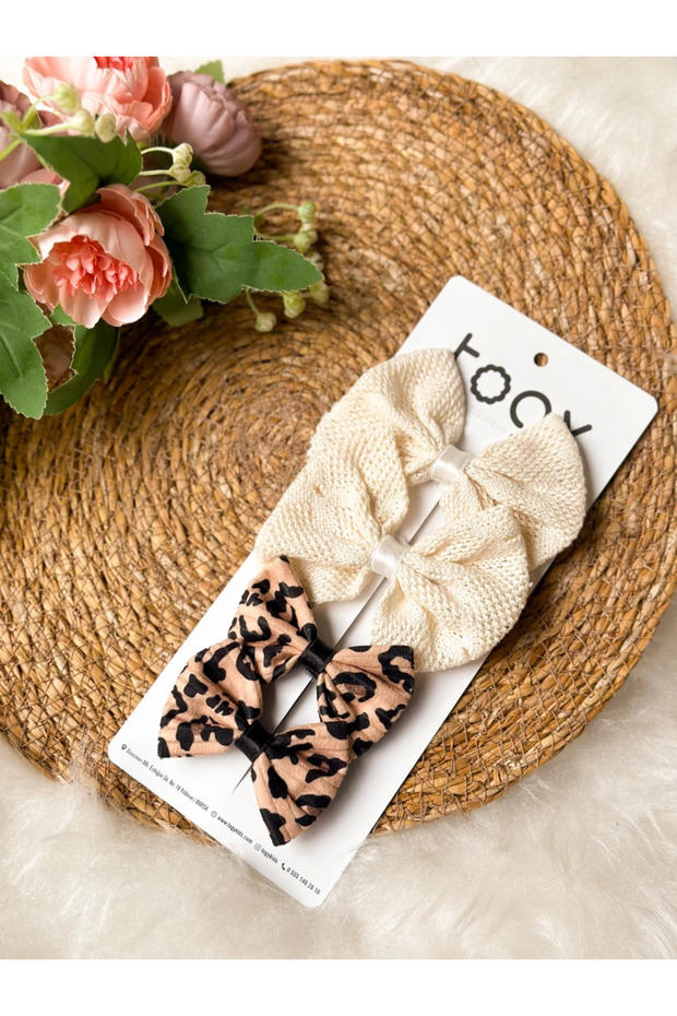 Cream Straw Textured and Leopard Patterned Girl's Baby Buckle Set