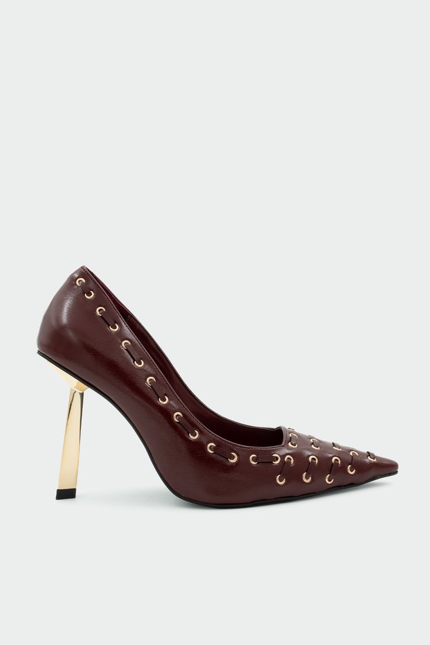 Elvis Burgundy Leather Women's Studded Detailed Heeled Shoes