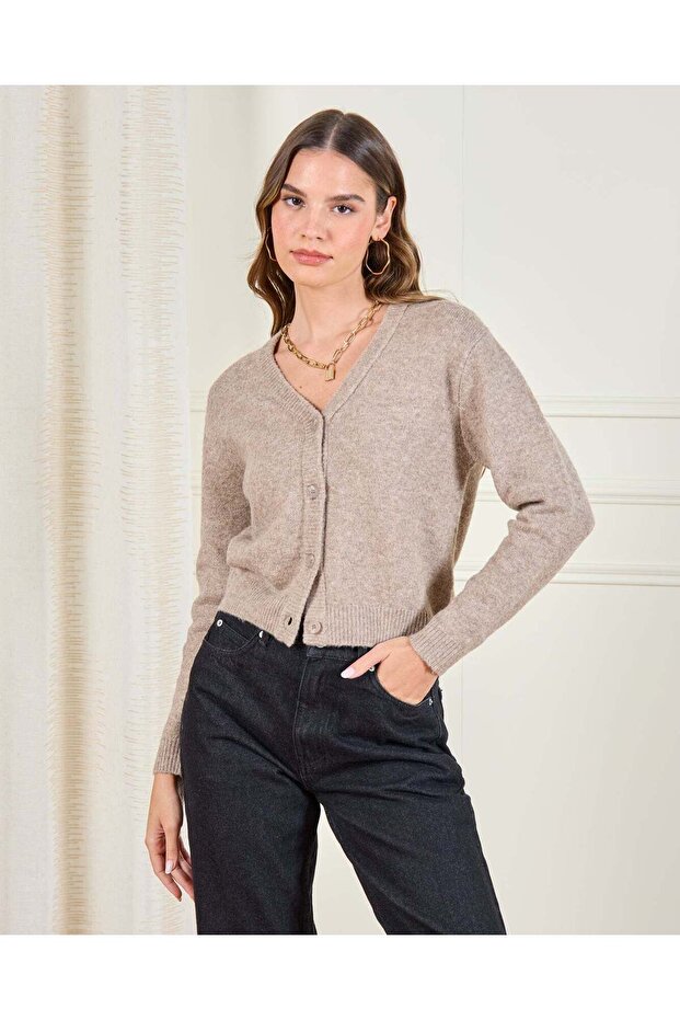 Women Beige Button Front Knit Cardigan