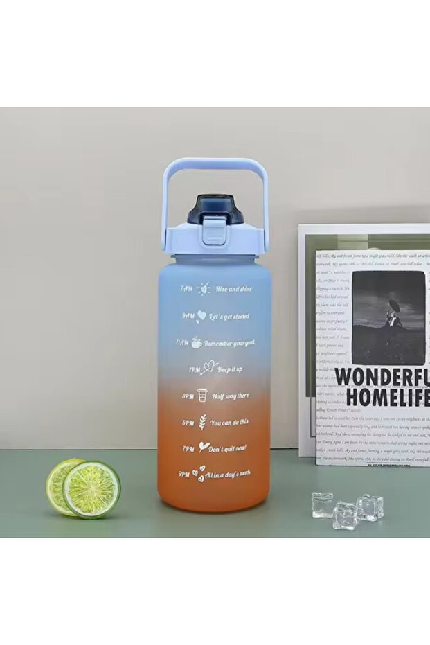 Extra large water bottle with straw, lid lock system, 2000 ml, time marker with messages - 10