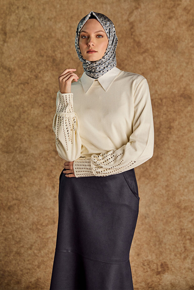 Taş Detaylı Triko Bluz - 4