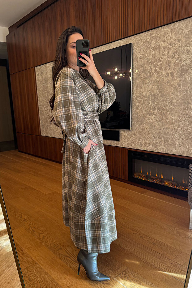 Ekose Gömlek Elbise- HAKİ - 6