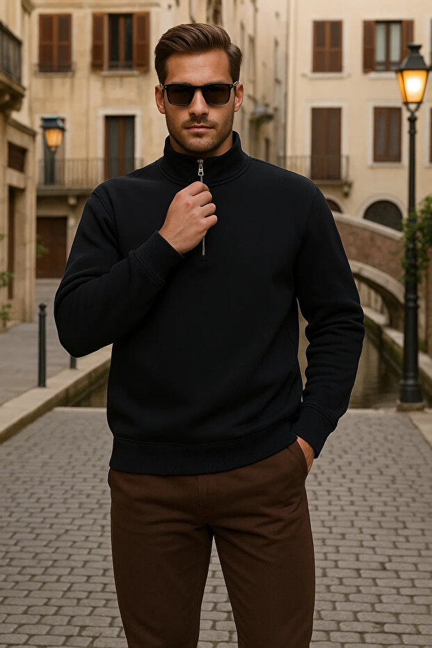 Men's Winter Polo Neck Black Zippered Sweatshirt