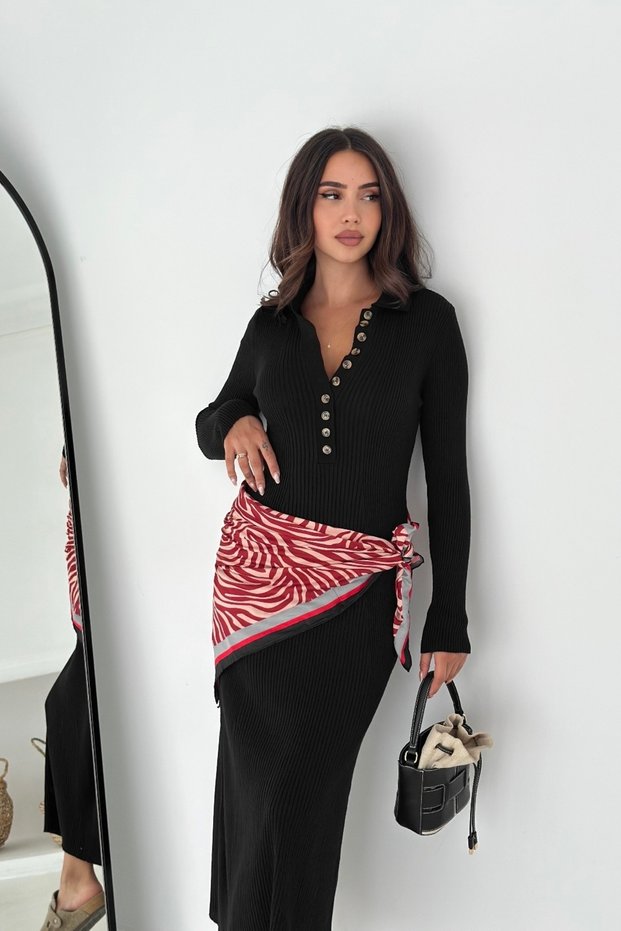 Maxi Boy Half Placket Button Detailed Knitwear Dress Aw25El0022