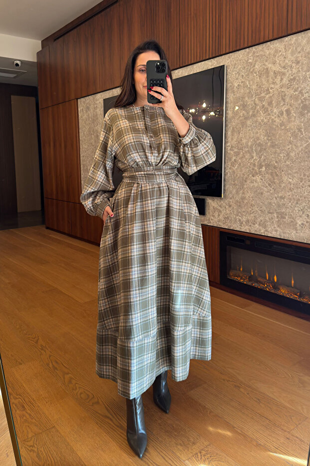 Ekose Gömlek Elbise- HAKİ - 4