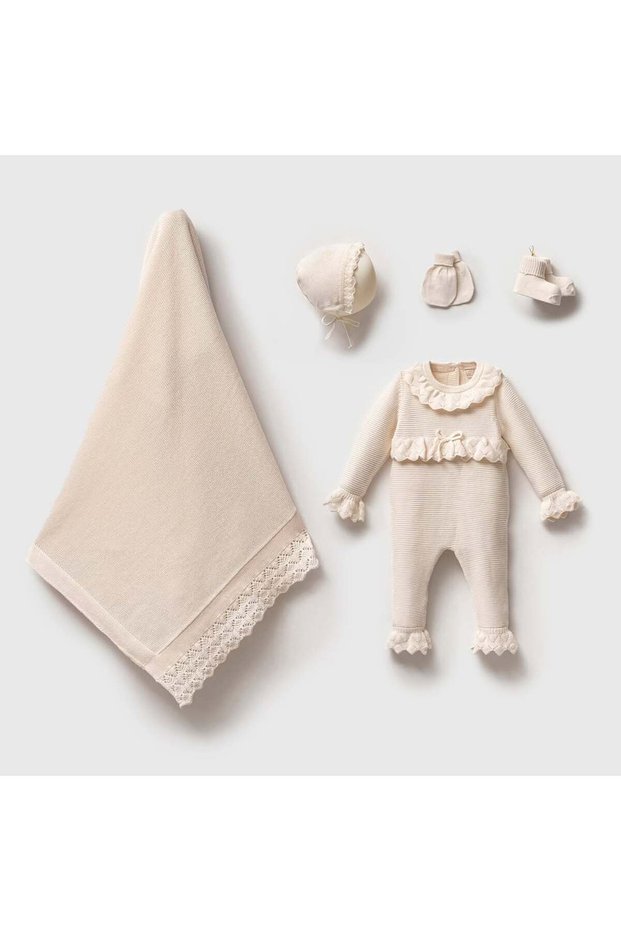 Nipperland Baby Girl Ecru Hospital Discharge Romper Set in Lace-Like Knit Linksli Special Box of 5