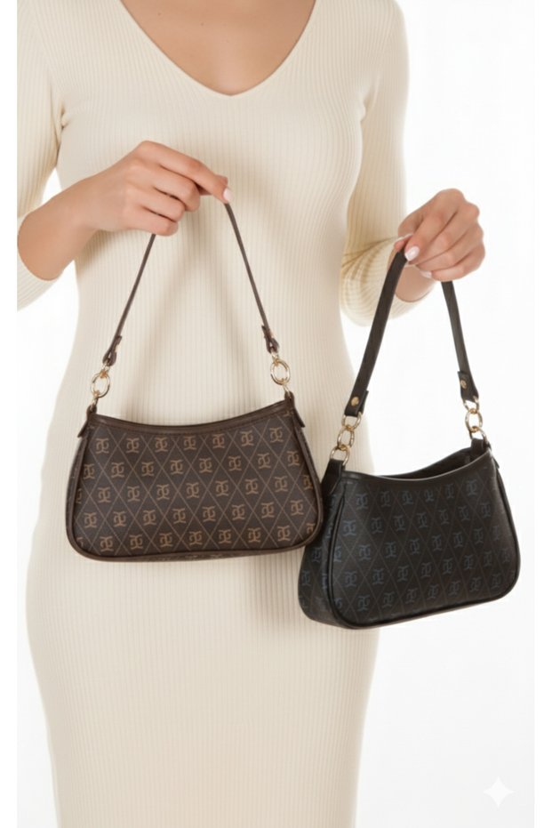 Women's Brown Elegant Design Patterned Faux Leather Baguette Women's Hand and Shoulder Bag 2 Pieces