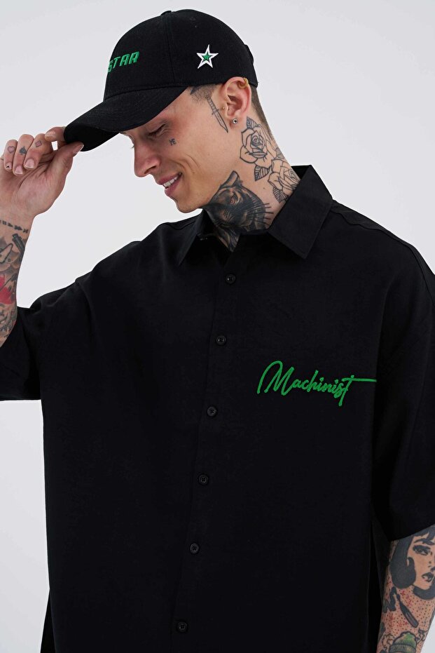 Erkek Nakışlı Basic Oversize Gömlek Siyah - 2