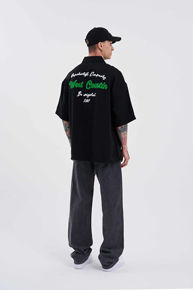 Erkek Nakışlı Basic Oversize Gömlek Siyah - 5