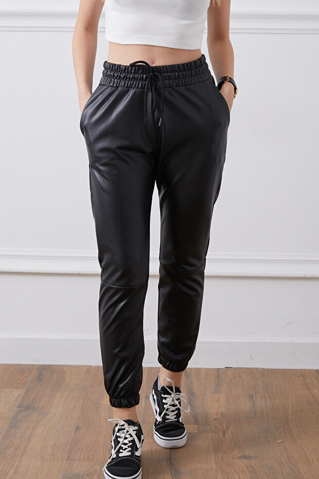 Faux Leather Elasticated Cuff Trousers - 5