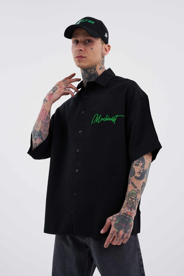 Erkek Nakışlı Basic Oversize Gömlek Siyah - 1