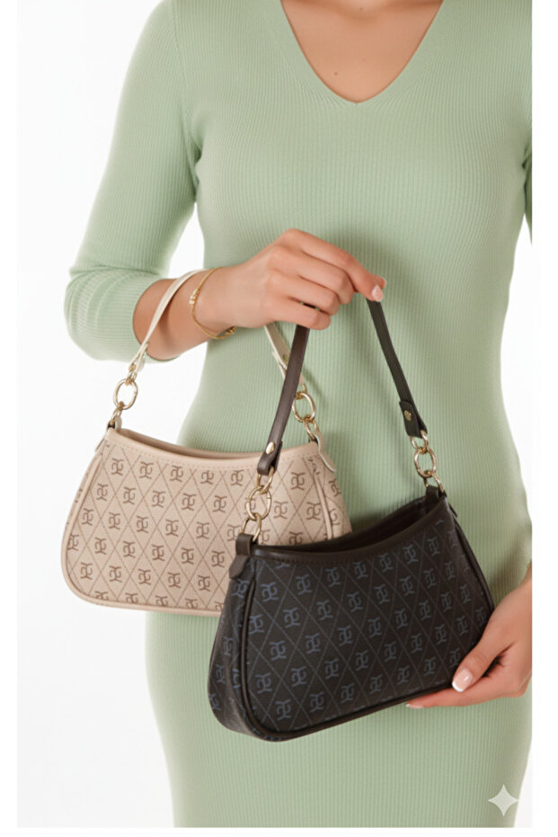 Women's Brown Elegant Design Patterned Faux Leather Baguette Women's Hand and Shoulder Bag 2 Pieces