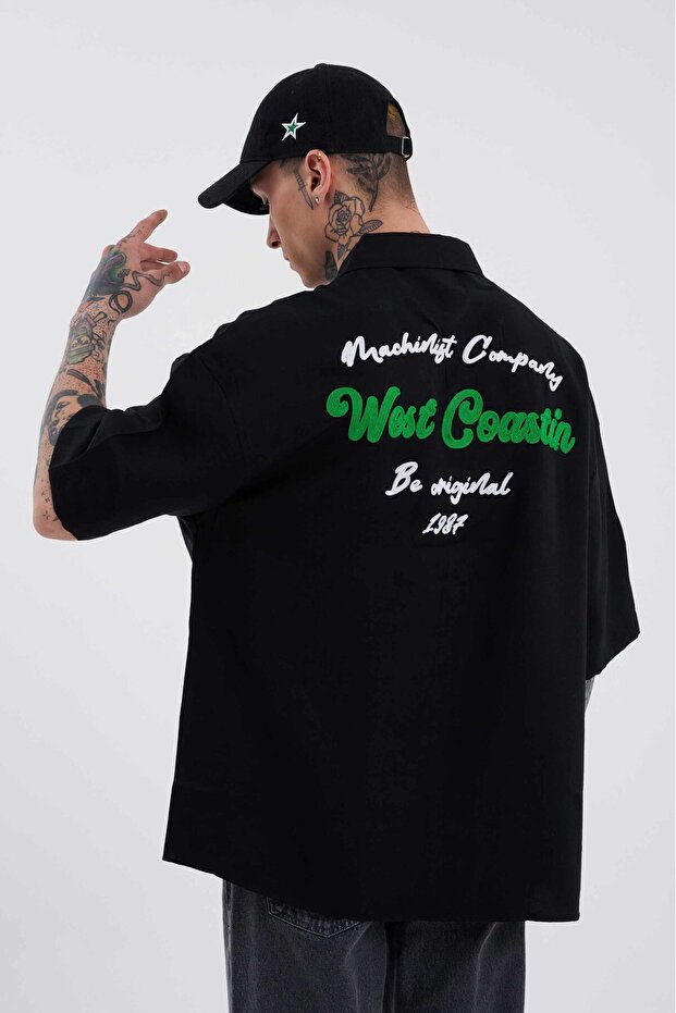 Erkek Nakışlı Basic Oversize Gömlek Siyah - 3