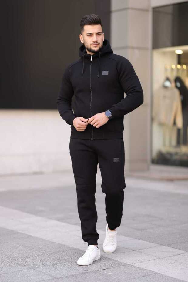 Relaxed Men's Fleece Lined K Hooded Tracksuit Set, Black