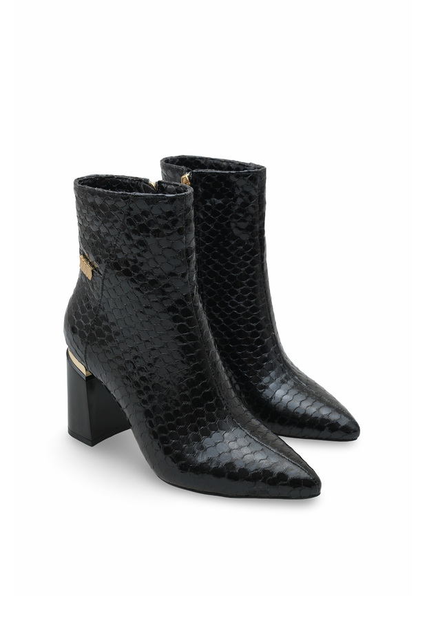 Women's Snakeskin Textured Heeled Boots 8.5 cm Thick Heel, Pointed Toe and Gold Detailed Stylish Model