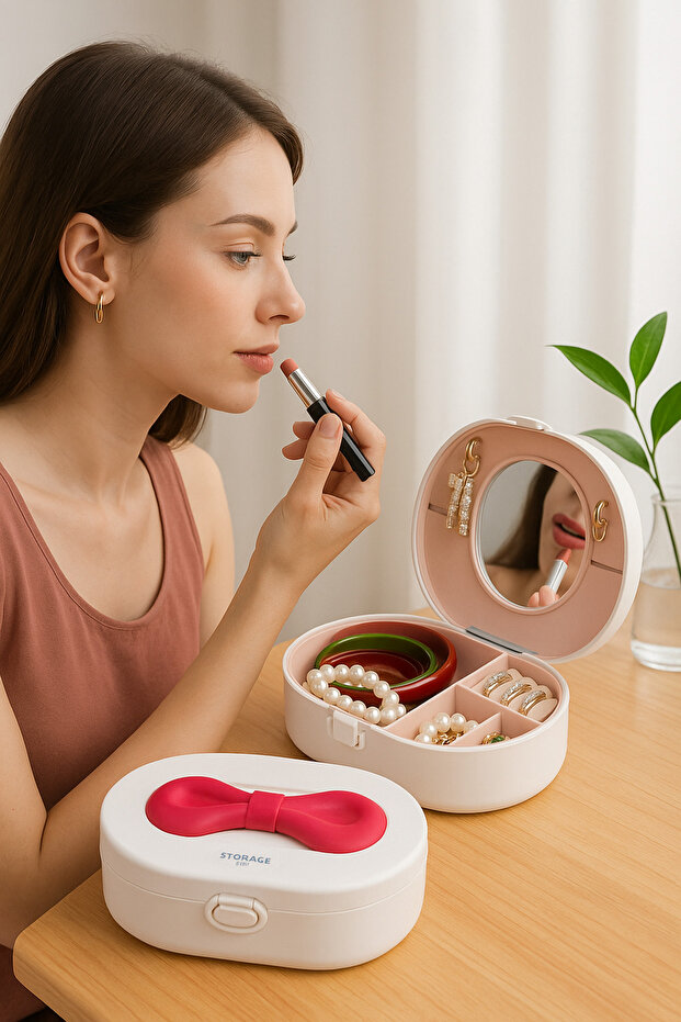 Portable Jewelry Box with Mirror | Women's Makeup & Accessory Organizer White Red Ribbon