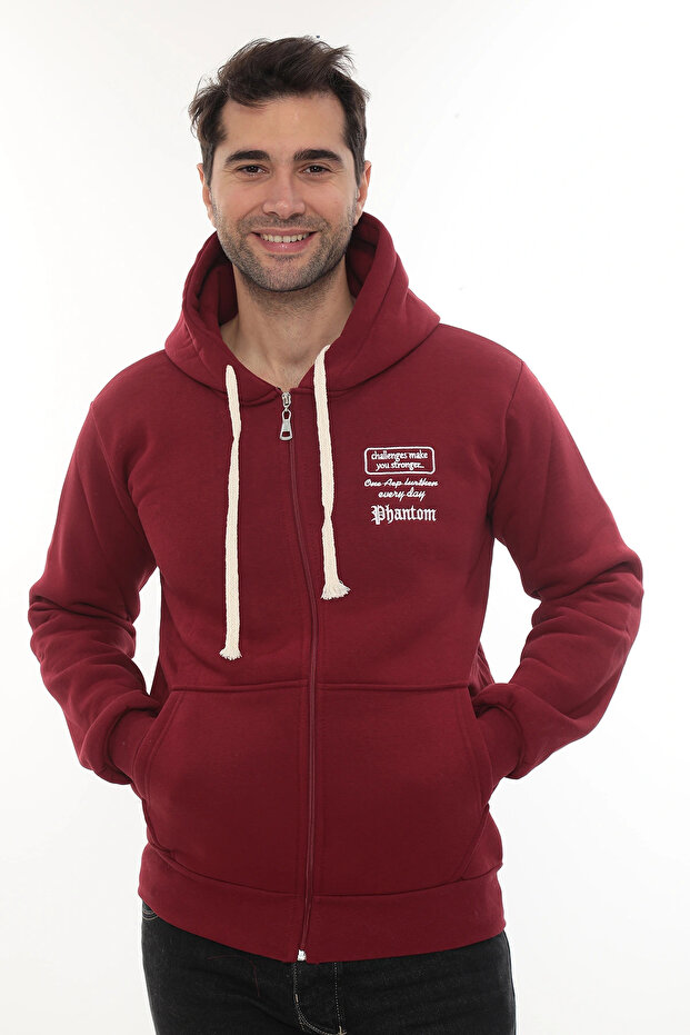 Men's Burgundy Standard Fit Regular Cut Full Zippered Hooded Cotton Sweatshirt with Fleece Inside