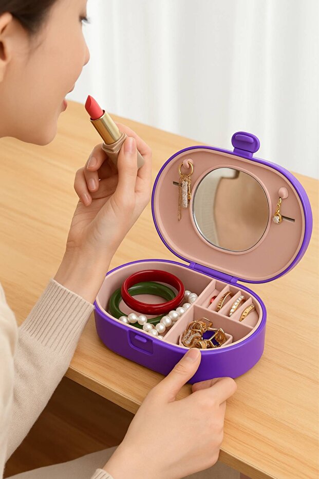 Portable Jewelry Box with Mirror | Women's Makeup & Accessories Organizer Blue Cream Ribbon