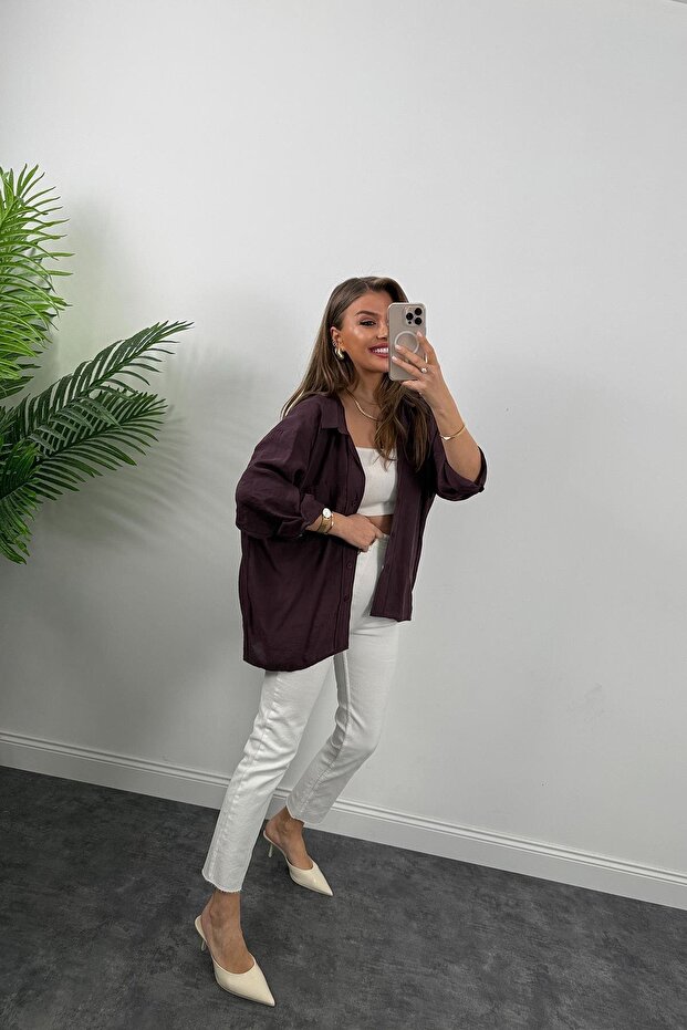 Düşük Omuzlu Kumaş Oversize Gömlek - 4