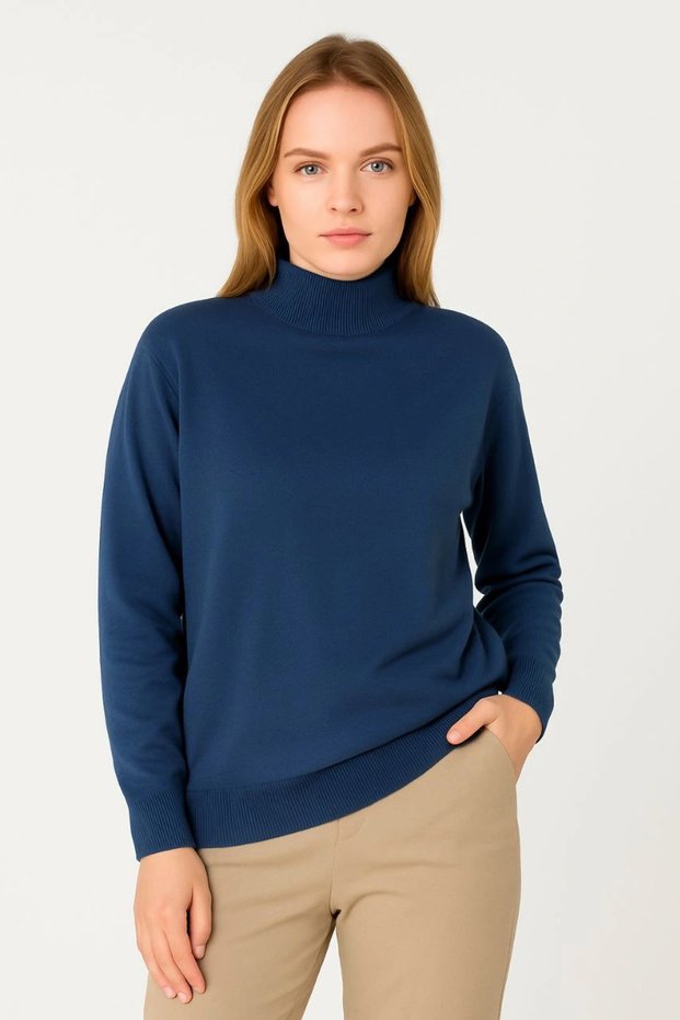 Women's Half-Throat Knitwear Sweater Soft-Textured Cotton Thin Woven Long-Sleeved - Indigo