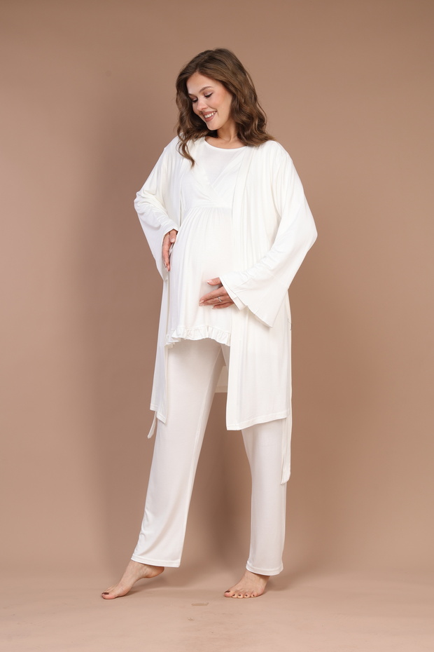 Women's Ecru Double-Breasted Collar Design with Easy Breastfeeding Features Maternity Maternity Dressing Gown Pajama Set