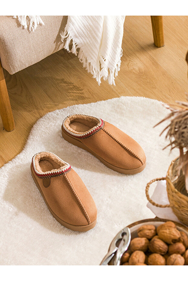 Beige Men's House Slippers with Fur Inside