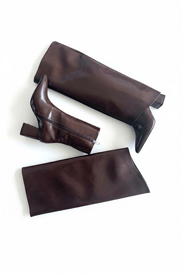 Rapit Brown Patent Leather Slip-On Boots (8 cm Heel Height) Daily Use Boots and Boots