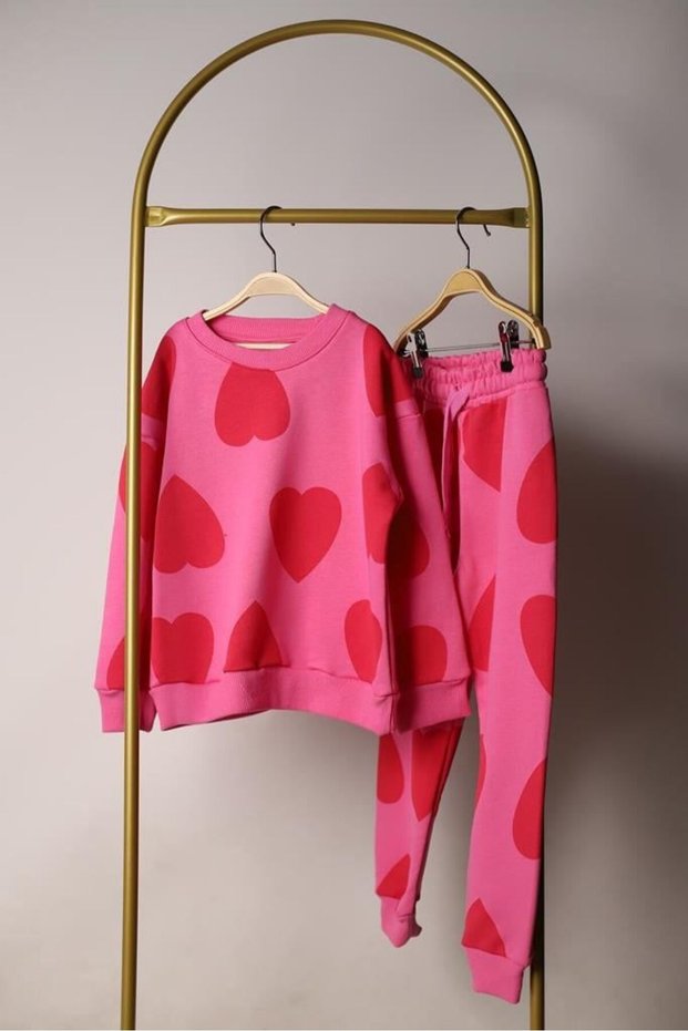 Crew Neck Long Sleeve Girls Heart Sweatshirt and Sweatpants Bottom 2 Piece Set