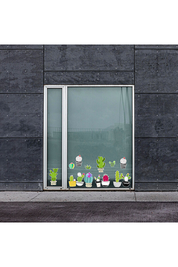 Cacti Themed Large Glass and Wall Sticker Set (44X30 cm 1 Piece)