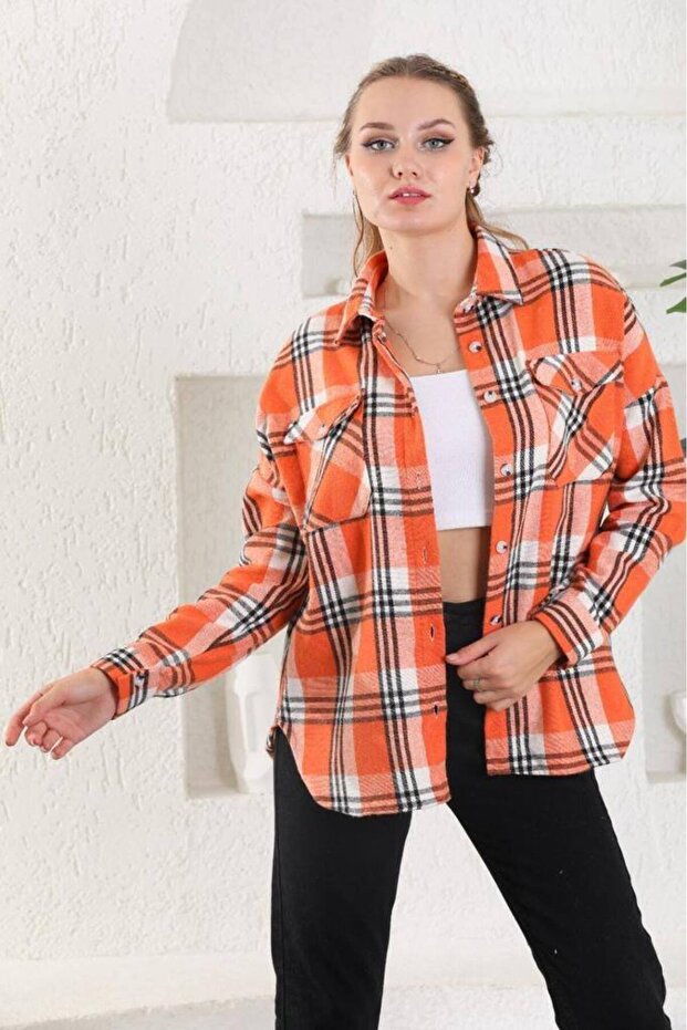 Orange Black Stripe Detailed Sport Cut Lumberjack Shirt
