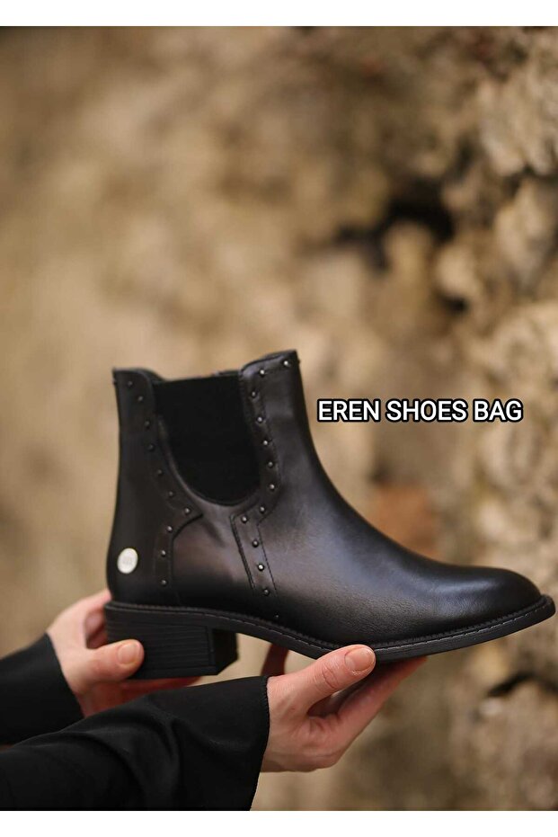 080150 Genuine Leather Thick Heeled Zippered Boots with Elastic Sides and Pin Detail