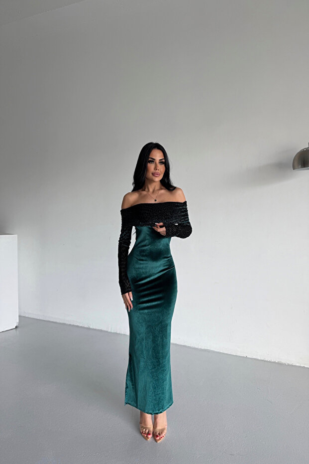Madonna Collar Patterned Velvet Green Dress