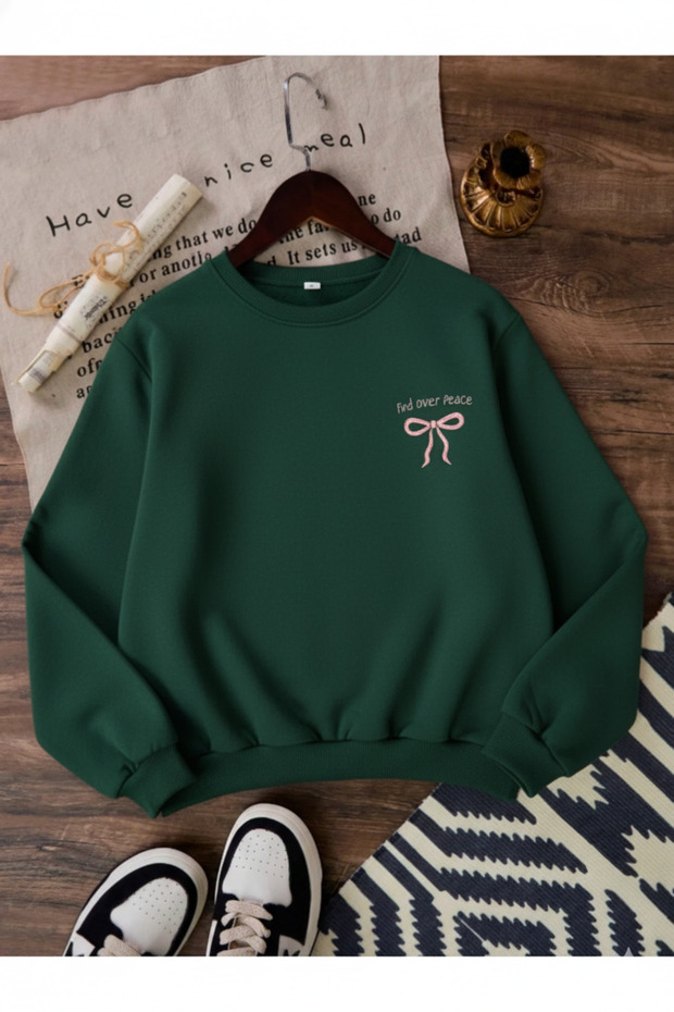 Unisex Green Pocket Ribbon Printed Crew Neck Sweat