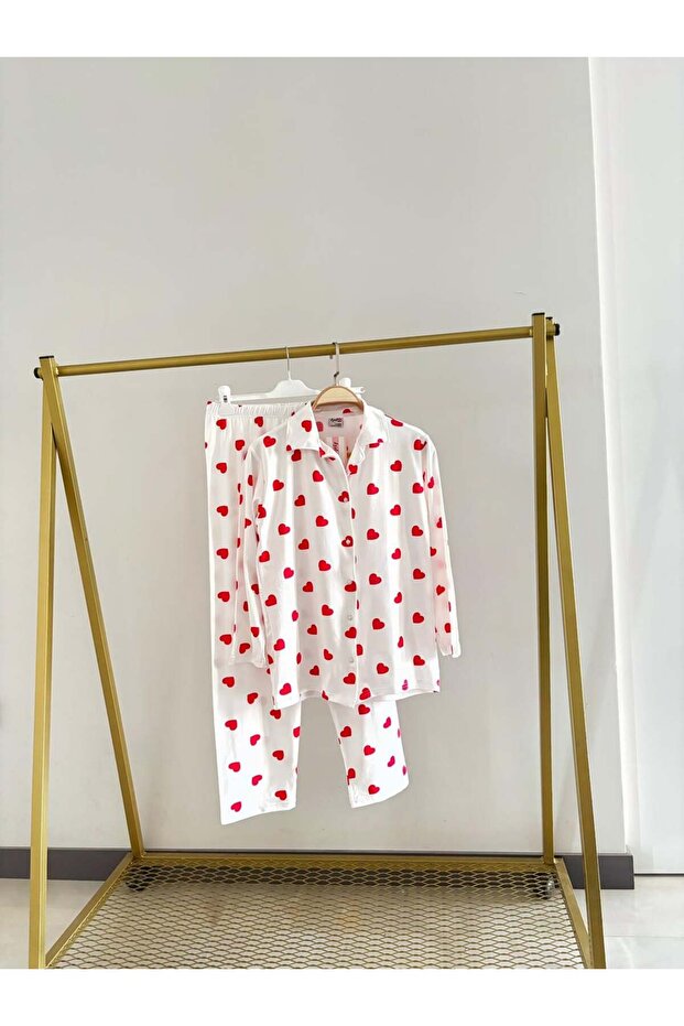 Lovera Cotton Heart Patterned Front Buttoned Pajama Set - 6