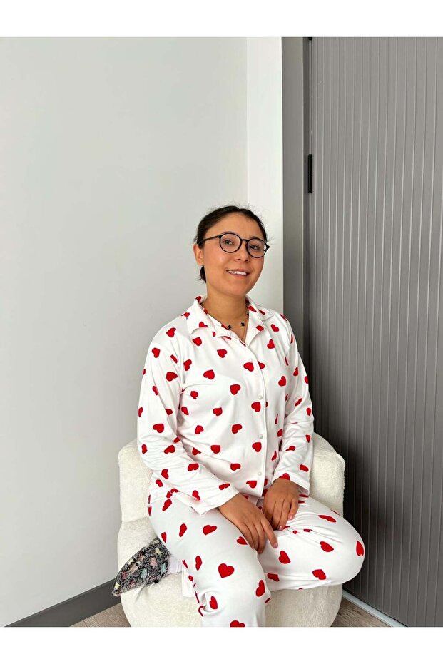 Lovera Cotton Heart Patterned Front Buttoned Pajama Set - 3