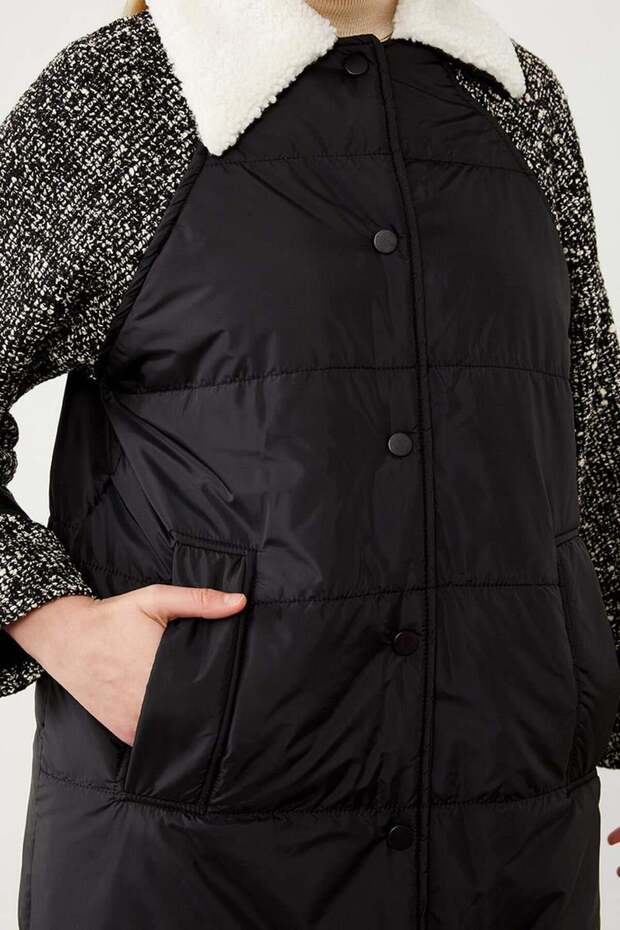 Siyah Örme Kollu Kapitone Şişme Mont - 4