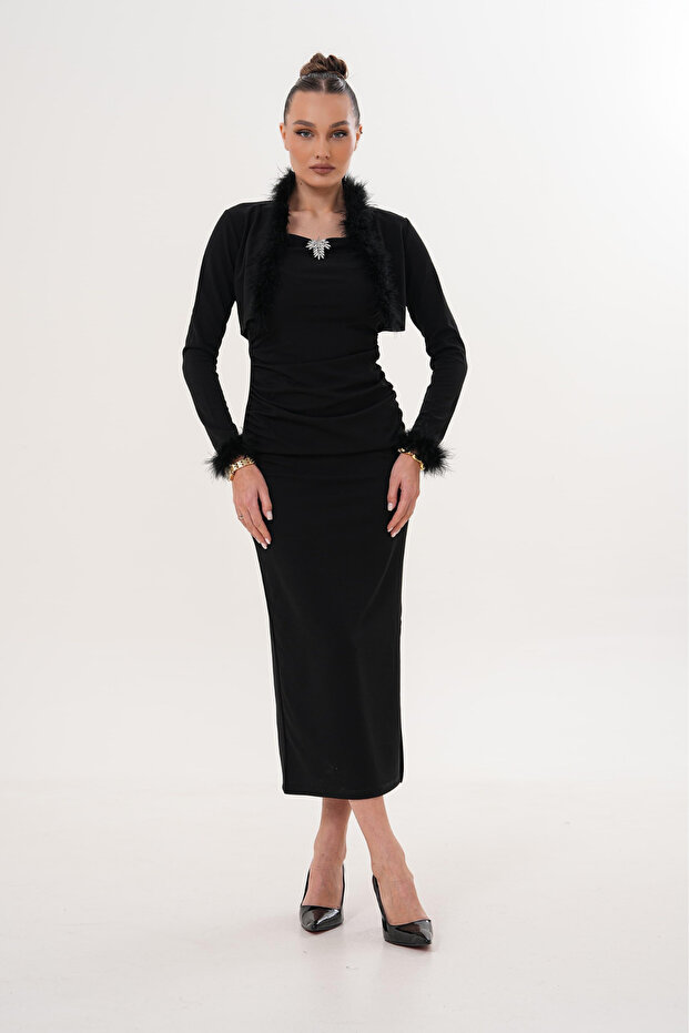 Stylish Black Brooched Strap Midi Dress & Black Bolero Jacket with Feathered Collar and Cuffs Two-Piece Set