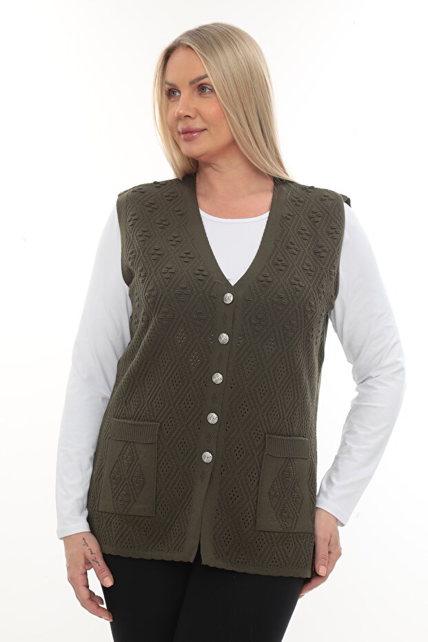 Women's Knitwear Pocketed Winter Thick Patterned Mother's Vest