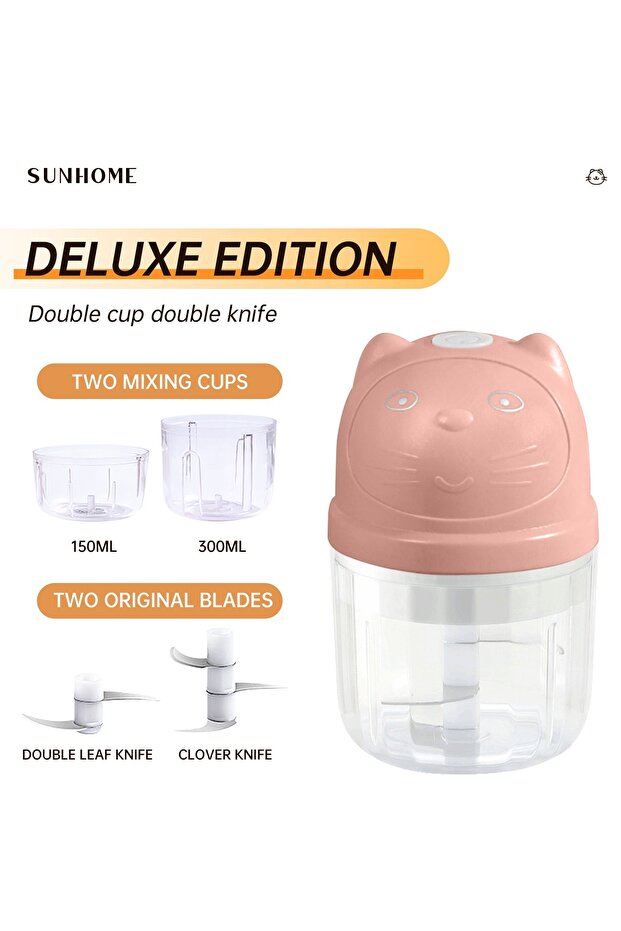 2-in-1 Electric Chopper Mixer Grinder 150ml+300ml 45W SH-188P Pink/Clear