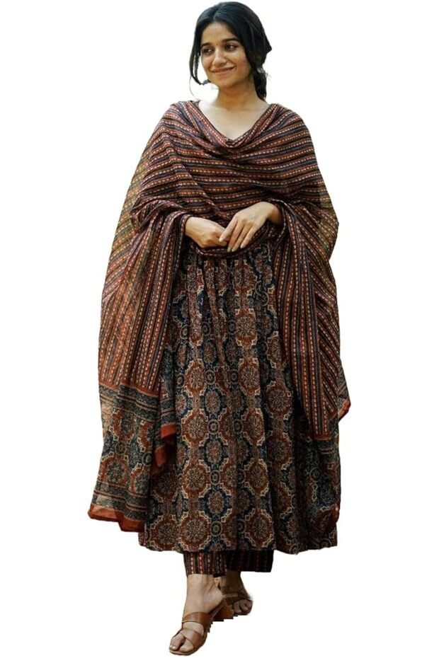 Women's A-Line Kurta with Print, Kurta Set with Pants and Dupatta