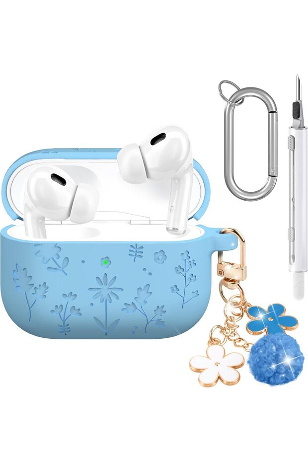 AirPods Pro 3 Case,Cute with Cherry Blossom Keychain&Cleaning Kit,Silicone Shockproof,Light Blue