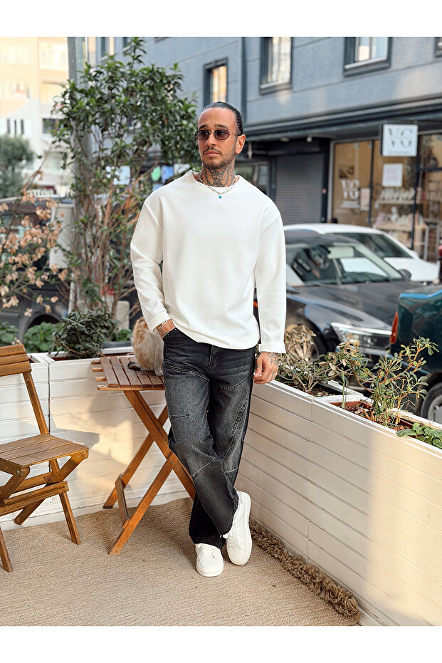 Modal Kumaş Basic Sweatshirt Beyaz - 1